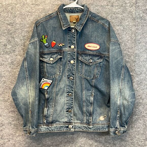 AMERICAN EAGLE Denim Jean Jacket Women's Large Blue Patches Boyfriend Trucker - Picture 2 of 16